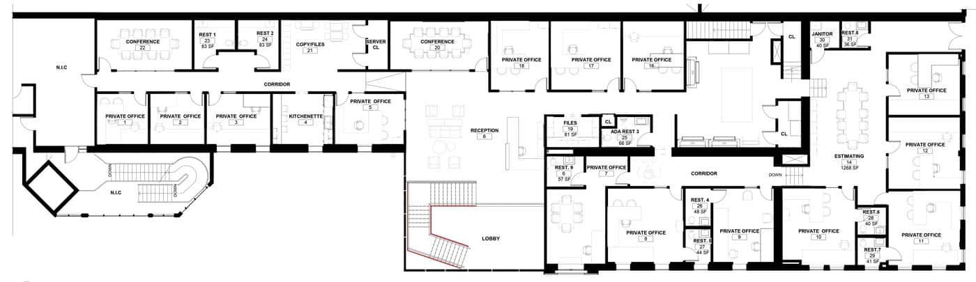 Floor plan of a commercial office, showcasing the layout of workspaces, meeting rooms, and common areas in a functional and organized design.